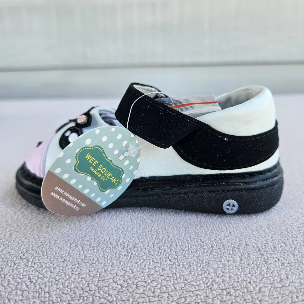 Wee Squeak Bessie Moo Cow Squeaker Toddler Shoes SZ 5 Black White Hook & Loop